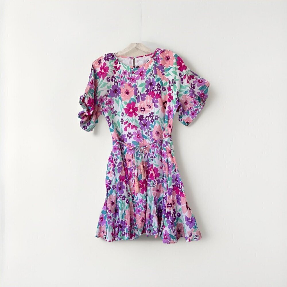 Floral Mini Dress Size Medium Pink Purple Green White Tie Waist Ruffle